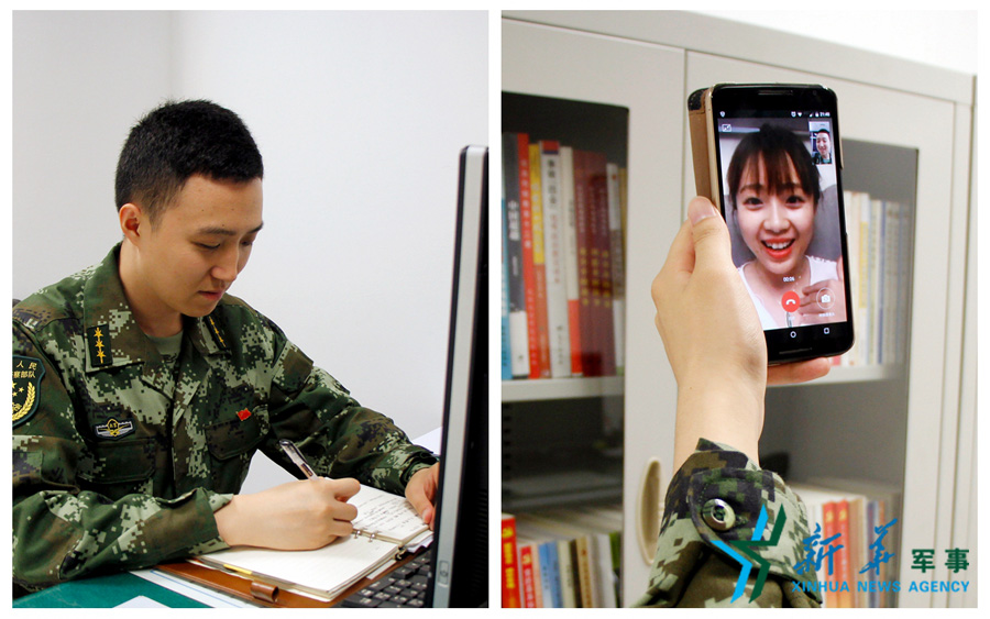 &uarr;陳德正，武警北京總隊(duì)七支隊(duì)某中隊(duì)指導(dǎo)員。七夕前夜堅(jiān)守在值班崗位上的他，在結(jié)束值班后給妻子打了個(gè)視頻電話，通過網(wǎng)絡(luò)表達(dá)著對妻子的愛意。閆星辰 攝