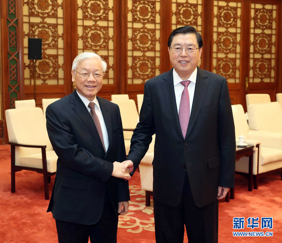 1月13日，中共中央政治局常委、全國人大常委會委員長張德江在北京人民大會堂會見越共中央總書記阮富仲。 新華社記者 劉衛(wèi)兵 攝